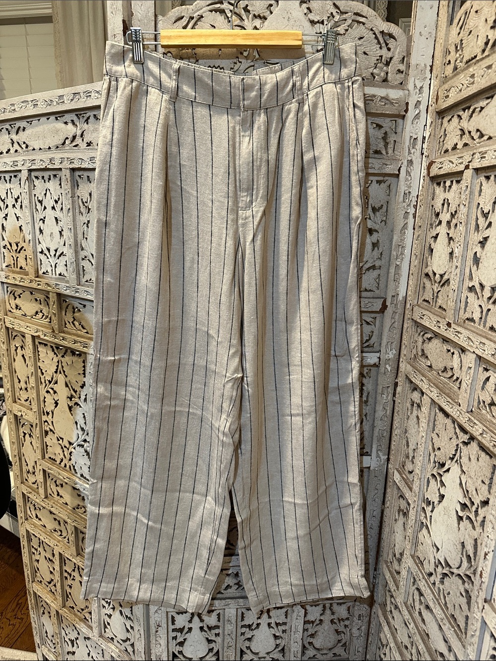 a new day Beige & Navy Linen blend Pinstripe Wide-Leg Trousers